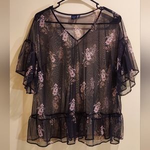 Kaari Blue Sheer Black Top Curvy || size 0X